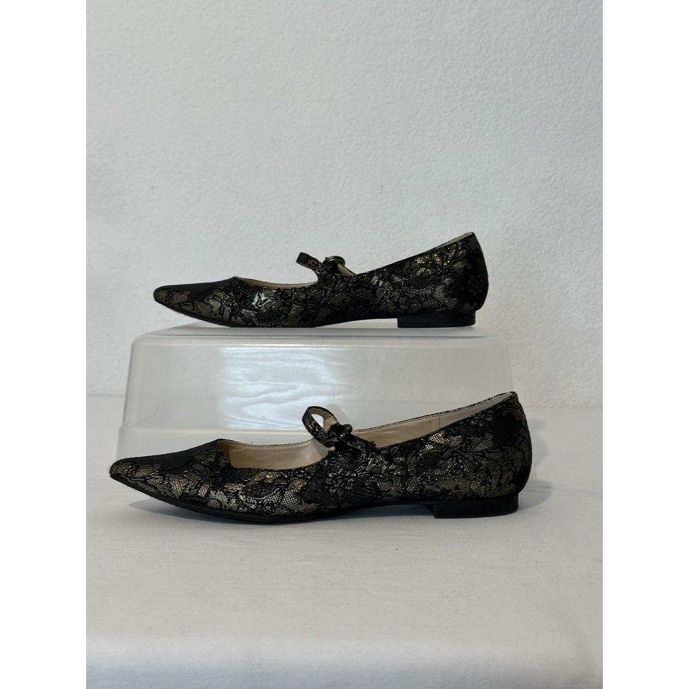 Marc Fisher Womens‎ 8.5Stormy Flats Mary Jane Jacquard Black Gold Pointed Toe - Picture 3 of 7